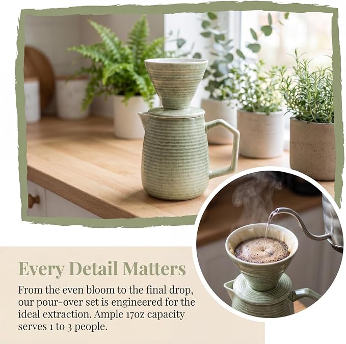 pour over coffee maker - Ceramic Dripper Pot, Heat-Resistant & Easy Clean | Manual Slow Drip Coffee Brewer for Office, Home, Camping 1-3 Cup Pour 20 coffee filters