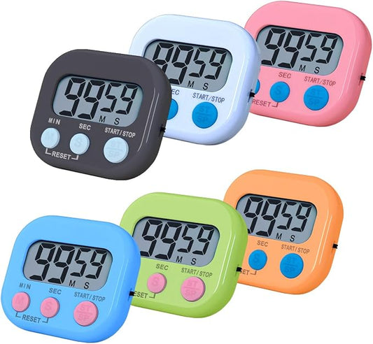 Digital Kitchen Timers, BESTWYA Electronic Timer (6,6 Colors) | LCD Screen Big Buttons On/Off Switch Count Up and Down Function for Kitchen,Study,Work,Exercise Training,Outdoor Activities