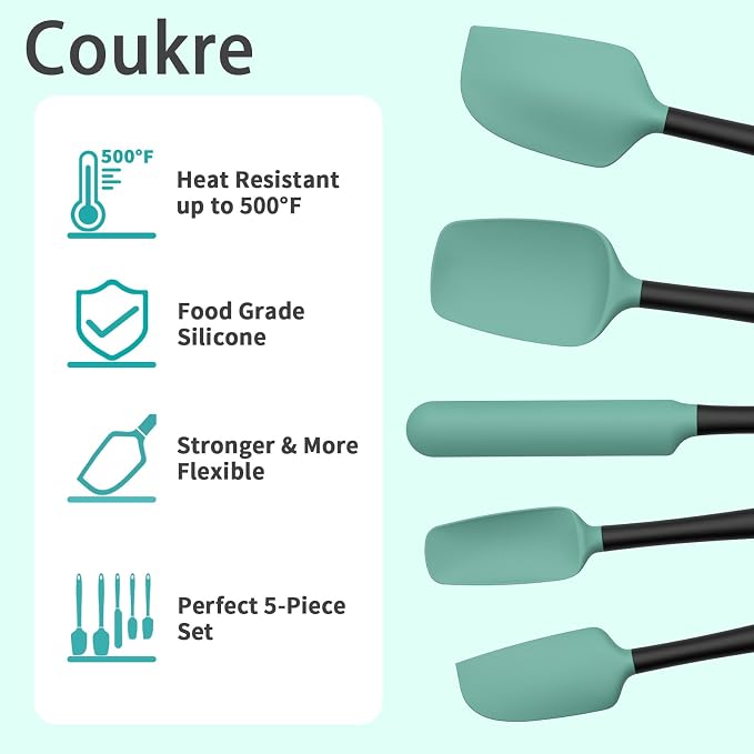Coukre Silicone Spatula Set of 5,High Temperature Resistant, Food Grade Silicone, Dishwasher Safe, for Baking, Cooking (Aqua Green)
