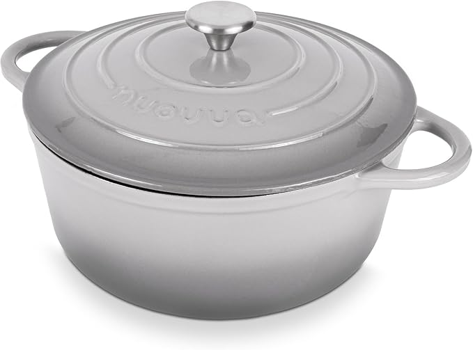 Nuovva Enamelled Cast Iron Dutch Oven Pot with Lid-6.4 Quart Non Stick Casserole Pot-Heavy Duty & Oven Safe up to 500° F for Bread Baking, Braising, Stews, Roasting - 28cm Grey