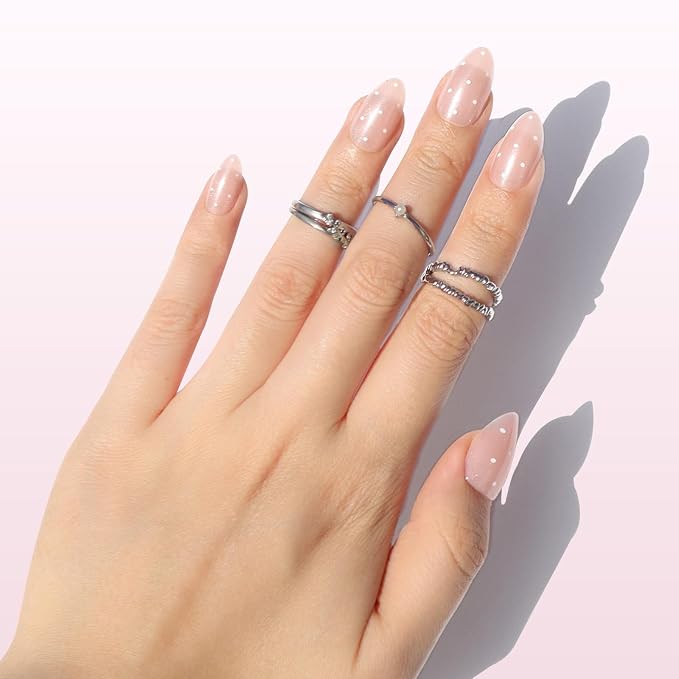 Nail Reformation Press On Nails, Milk Dots | Polka Dot Short Almond 32 Pcs | 16 Sizes Fake Nails on Pink Shimmer Base in Glossy Finish, Reusable Stick On False Nail Kit with Glue, Gifts for Women