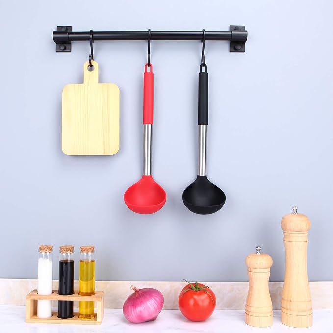 BUNDLEPRO Silicone Ladle Spoon Kitchen Utensils, 2 Pack, Black-Red | Non Stick, High Heat Resistant, BPA Free, Ideal for Cooking, Stirring, Serving Soups