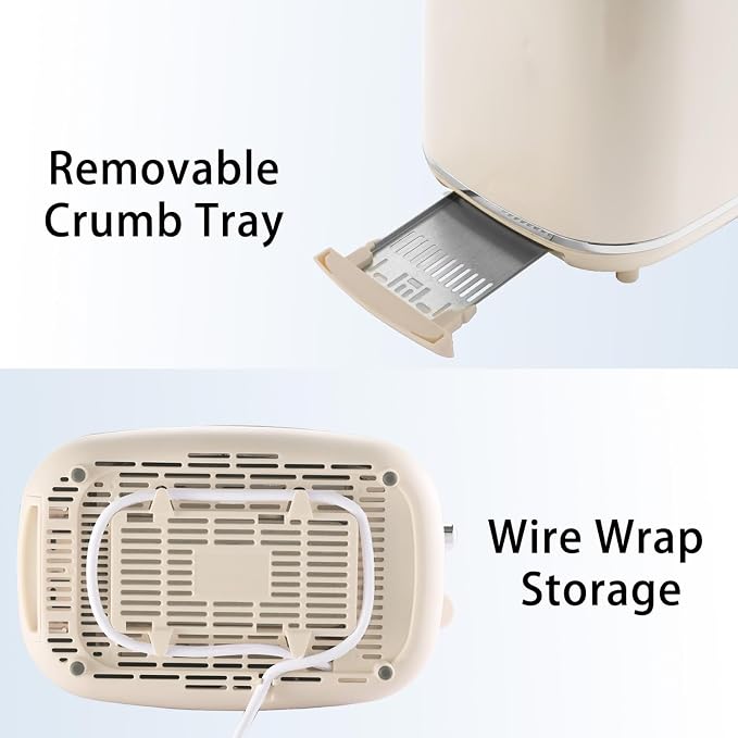 Retro 2-Slice Toaster, Stainless Steel, Beige | Wide Slots, 7 Bread Shade Settings, Bagel, Cancel, and Defrost Functions, Removable Crumb Tray, Retro Kitchen Appliances