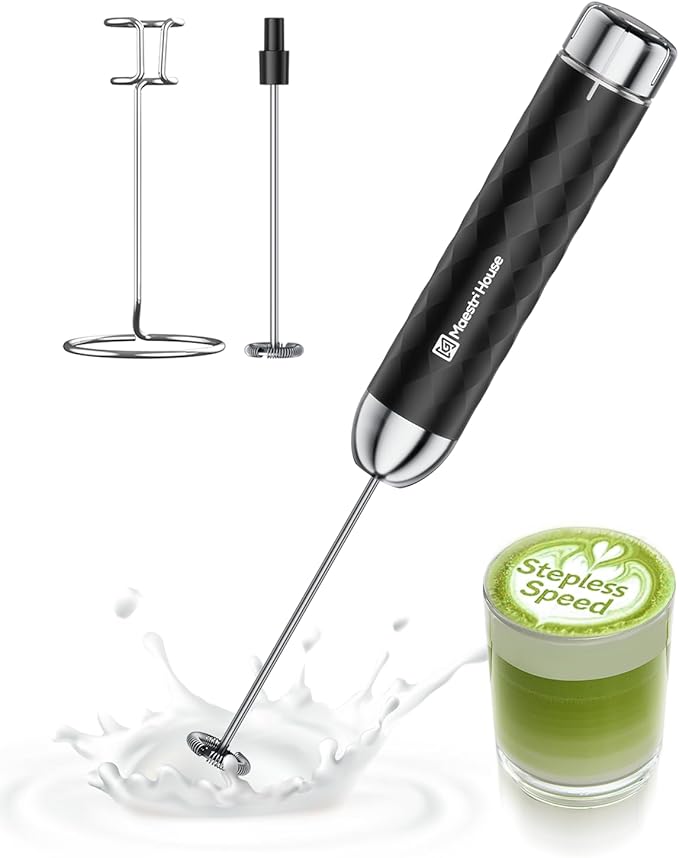 Maestri House LunaFro 2.0 Rechargeable Milk Frother, Stepless Speed Control | 1200mAh lithium battery Frother Handheld, IPX4, Stand & 2 Detachable Whisk for Lattes, Cappuccino, Matcha & Protein powder