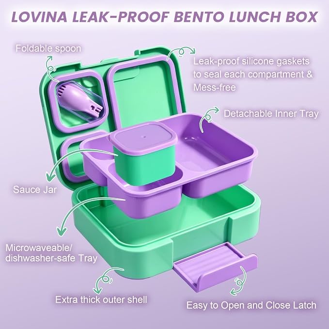 LOVINA Bento Lunch Box Set For Kids Adult With Thermo Bag, BPA-Free | 36OZ Leak-Proof Lunch Box Kids Kit, All-in-One Kit with DIY Stickers Sauce Cup for Work, School, Dining Out(Aqua Green)