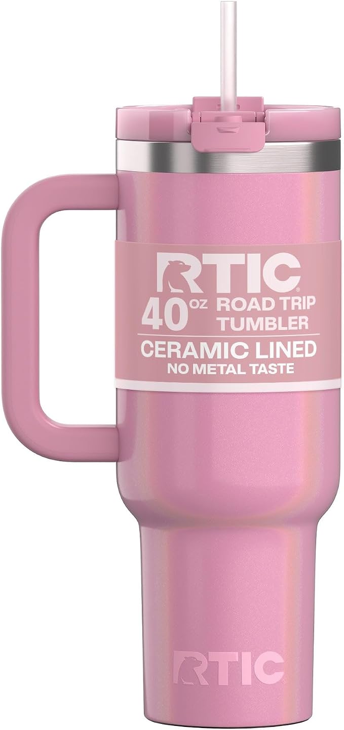 RTIC 40oz Road Trip Tumbler, Insulated, Ceramic Lined, Dusty Rose Glitter | with Lid, Handle and Straw, Stainless Steel Metal Cup, Portable for Hot and Cold Drinks, Coffee, Car, Camping, Travel