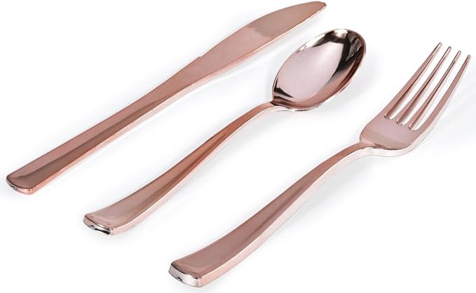 75-Pcs Heavy Duty (Rose Gold) Plastic Silverware Set, Disposable Cutlery Set, Great for Parties, Weddings, and Catering, Flatware Utensils Included: 25 Forks, 25 Spoons, 25 Knives, Stock Your Home