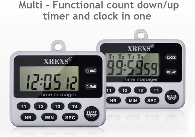 XREXS 4 Channel Digital Kitchen Timer Clock with Large LCD Display | 4 Groups Simultaneous Timing Countdown Up Pocket Timer, Magnetic Attachable (Battery Included)