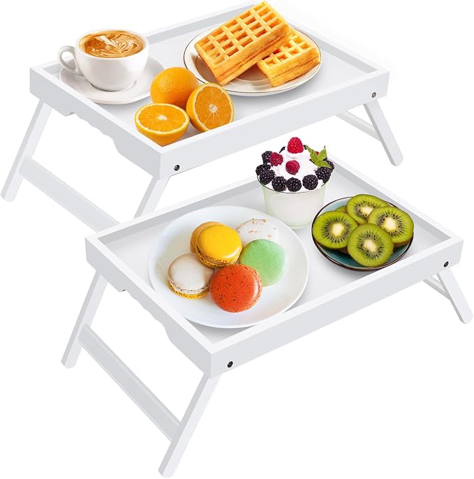Artmeer FSC 100% Bamboo Bed Trays, Medium, 2-Pack, White | Two FSC 100% bamboo bed trays with folding legs and handles for meals, reading, laptops and serving in bed.
