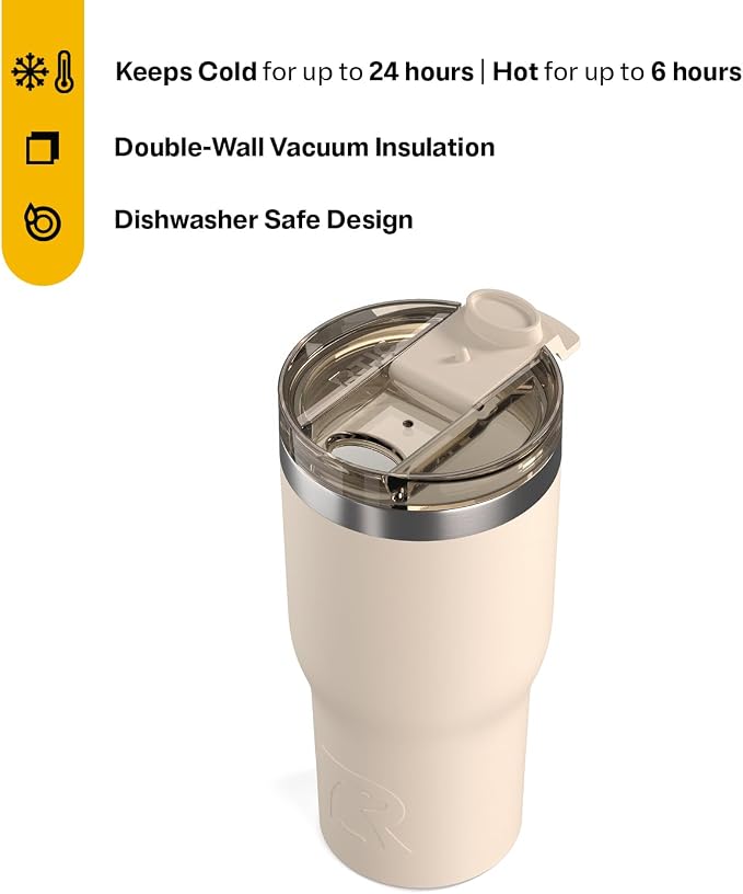 RTIC 20oz Essential Tumbler with Lid, Ceramic Lined, Beach | Insulated, Stainless Steel Metal, Portable Travel Cup for Hot and Cold Drinks, Coffee, Car, Camping and Travel
