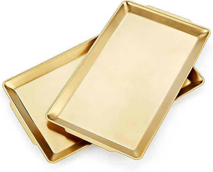 15.8" x 9.5" Large Serving Platters Set of 2, Stainless Steel Heavy-Duty Large Serving Trays, Gold Rectangular Plates for Food, Fruit, Party, Wedding, Christmas, Chip and Scratch Resistant