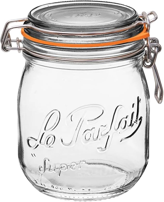 Le Parfait Super Jar 750ml (24oz) Glass Canning Jar, Wire Bail Lid, 1 Pack | Airtight rubber seal for canning, preserving pickles, sauces and whole fruit, fermentation and pantry storage; Made in France