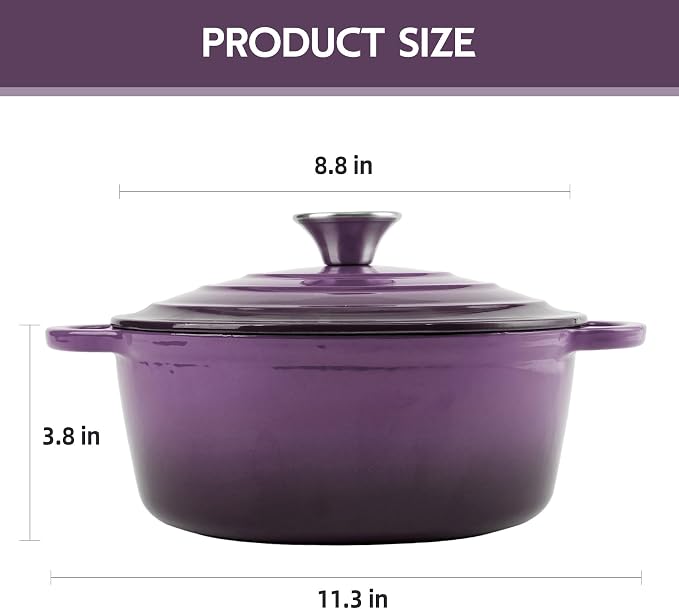 Dutch Oven Enameled Cast Iron with Lid - Big Dual Handles - Oven Safe up to 500°F - Classic Round Pot for Versatile Cooking (Purple, 3 QT)