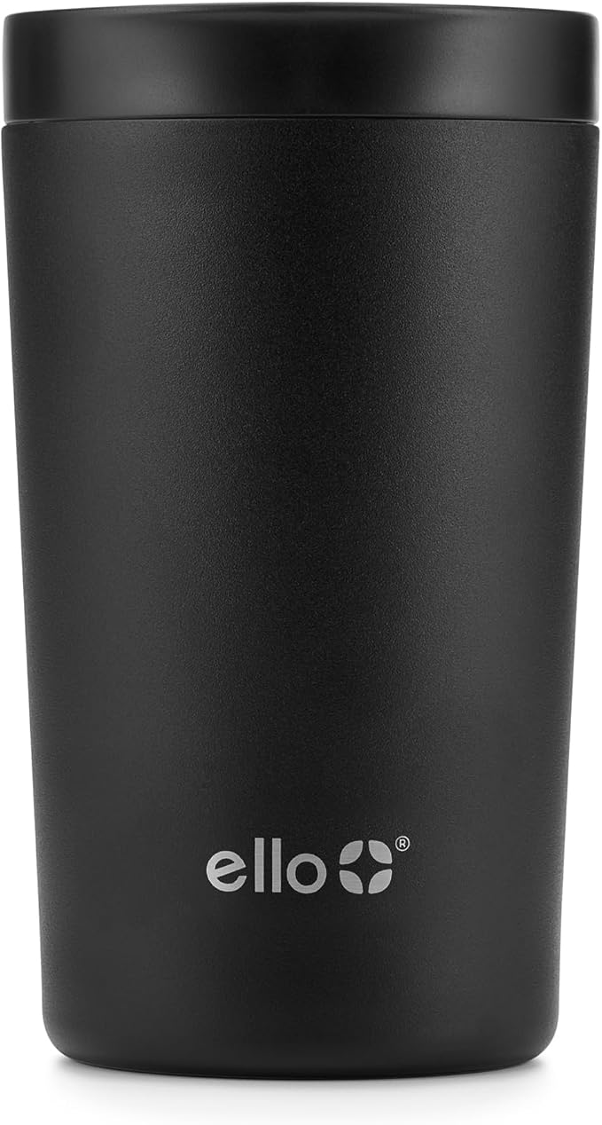 Ello Jones 11oz Insulated Stainless Steel Leakproof Travel Mug, Black | Leakproof coffee cup keeps drinks hot for 3 hours. BPA-free, single-serve size, great for hot drinks, tea, and the office.