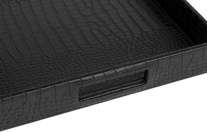 HofferRuffer Rectangle Serving Tray with Hole Handles for Coffee Table, Breakfast, Tea, Food, Butler - Countertop, Kitchen, Vanity Serve Tray, 16.2 x 12.2 x 2 inches, Faux Leather (Black Croco)