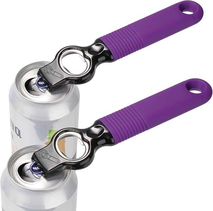 2-in-1 Soda Can Tab & Beer Bottle Opener, Purple, 2-Pack | Easy pull tab opener with soft silicone handle protects nails & arthritic hands. Great for bars, picnics, and outdoor events