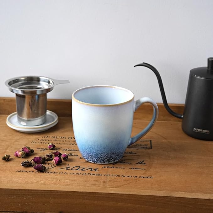 Bosmarlin Ceramic Tea Cup with Infuser and Lid, 16 Oz, 3 Colors to Choose, Dishwasher and Microwave Safe, Reactive Glaze, Steeping Tea Mug with Strainer (16 Oz, Blue)