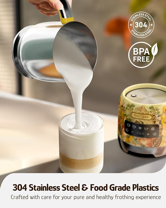 Hazel Quinn Milk Frother, Hot & Cold, Detachable Jug, 400ml 13.5oz, Floral | 5-in-1 electric milk frother and steamer, large capacity, stainless steel , dishwasher safe, for coffee/milk/hot choc