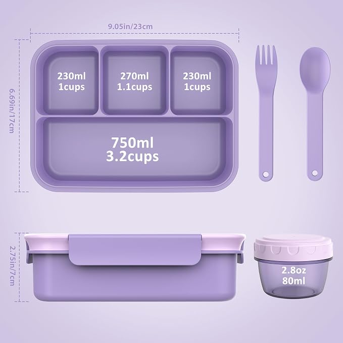 Caperci Bento Box Adult - 50 oz Large Lunch Containers for Adults and Teens, 4-Compartment Bento Lunch Box with Utensils & Leak Proof Sauce Cup, Dishwasher Safe, Durable, BPA-Free (Lavender)