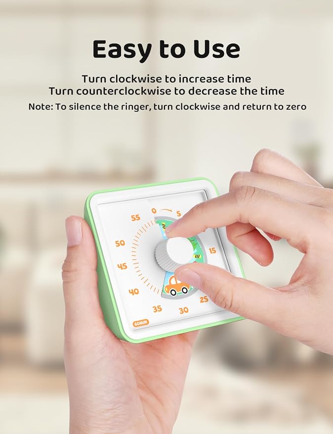 LIORQUE Visual Timer for Kids, 60 Minute Countdown Timer, Light Green | Non-Ticking, 3 Volume Levels with Mute Function, Timer for Kitchen Cooking Classroom ADHD, 2 AAA Batteries Included