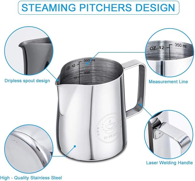 12oz Milk Frothing Pitcher, Stainless Steel Espresso Steamer Frother Cup | 350ml metal jug includes professional latte art decorating pen; top barista accessories for perfect coffee cappuccino making