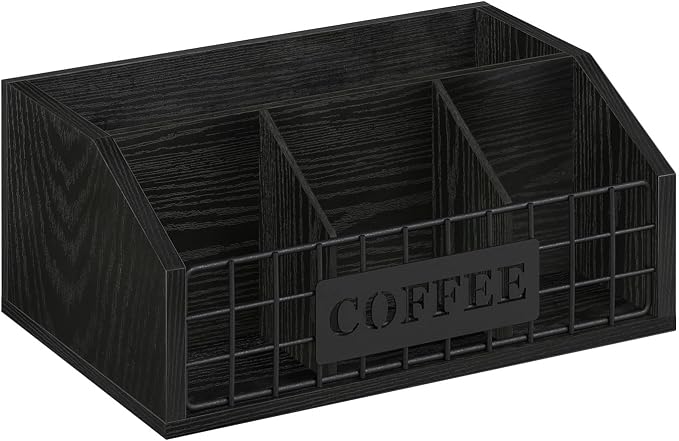 YINMIT Coffee Station Organizer for Countertop, Wood Coffee Bar Organizer with Removable Dividers for Pods, Syrup, Cups, Stirrer, Tea - Office Bar Accessories, Iron Wire-Black