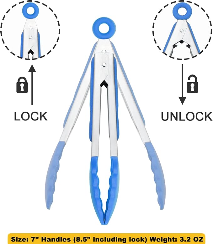 HINMAY Small Tongs with Silicone Tips 7-Inch Serving Tongs, Set of 3 (Blue)
