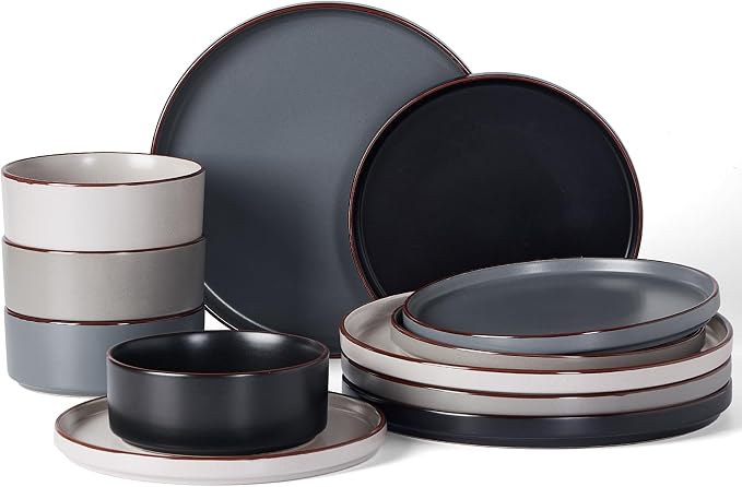 Famiware Nebula Ridge 12-Piece Stoneware Dinnerware Set, Multi-color | Plates and Bowls for 4, Warm Hand-Painted Rims, Microwave and Dishwasher Safe, Daily Essentials