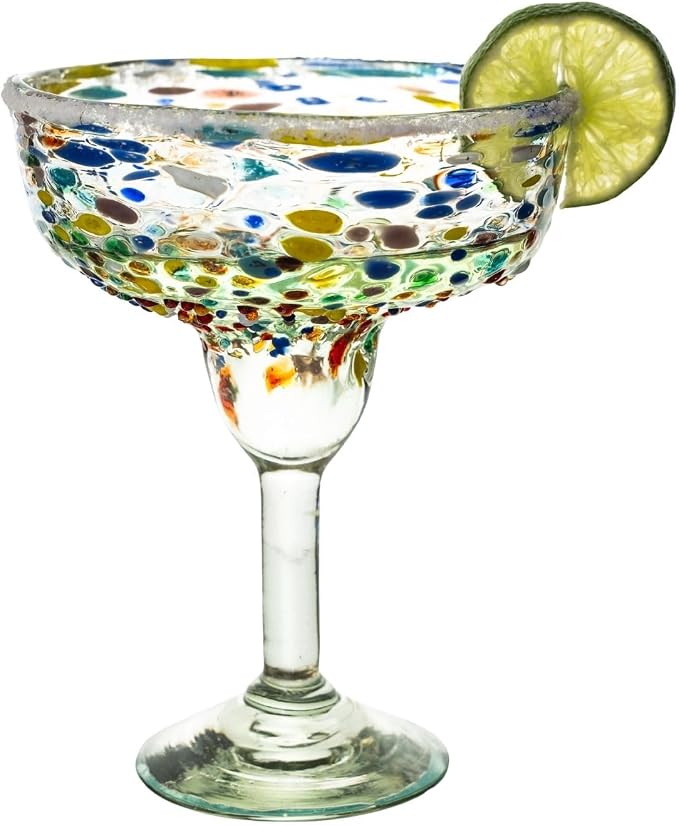 Confetti Dots Hand Blown Margarita Glasses Set of 4 – Colorful Mexican Glassware – 14 oz Recycled Glass Margarita Glass – Hand blown Mexican Drinking Glasses for Cocktails & Tequila