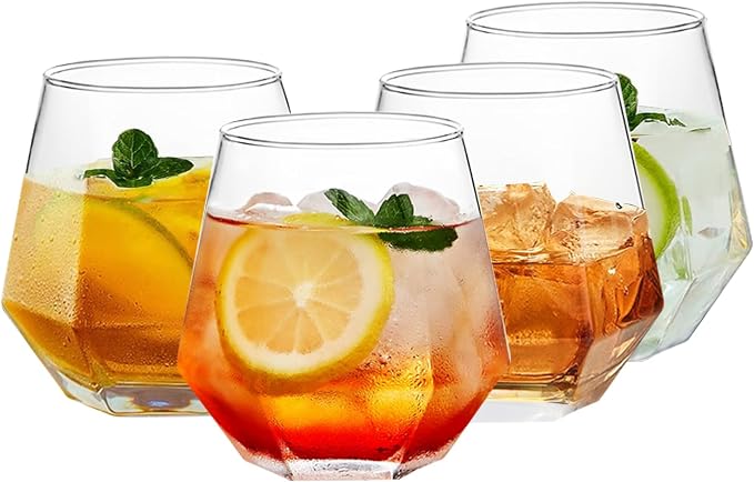 Wine Glasses Set of 4, Clear Stemless Red Wine Glasses 10oz | Geometric Diamond Shaped Glass Cups, Beautiful Wine Glasses Stemless, Whiskey, Cocktail, Bourbon, Juice, Water