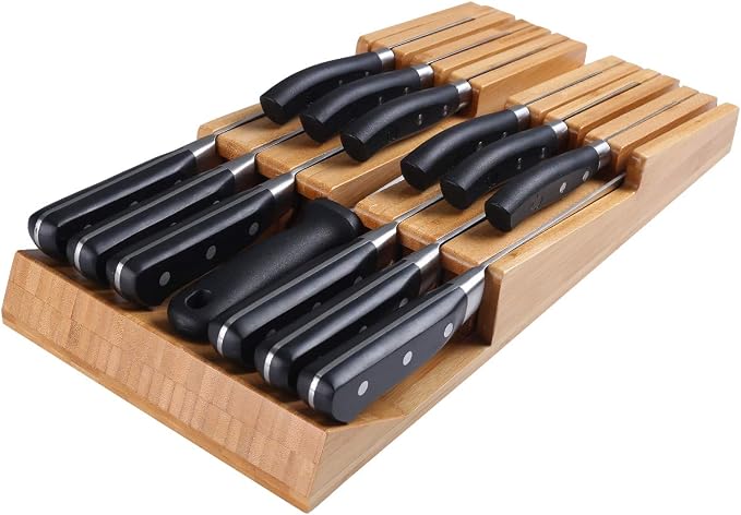 NIUXX Bamboo In-Drawer Knife Block Set for 12 Knives(Not Included) | Large Kitchen Detachable Washable Cutlery Slot Organizer Storage Holder for Sharpening Steel and Cutter