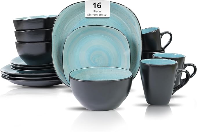 HomeVss, Stoneware Square 16pc Dinnerware Set, Inside Spinwaseh Swirl Turquoise + Outside Black