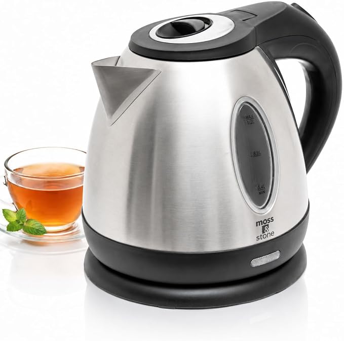 Moss & Stone Stainless Steel Electric Kettle, 1.2L Cordless 1500W | Small, portable hot water tea kettle, fast boiling pot, boil-dry protection, auto shut-off, blue Illuminate LED light