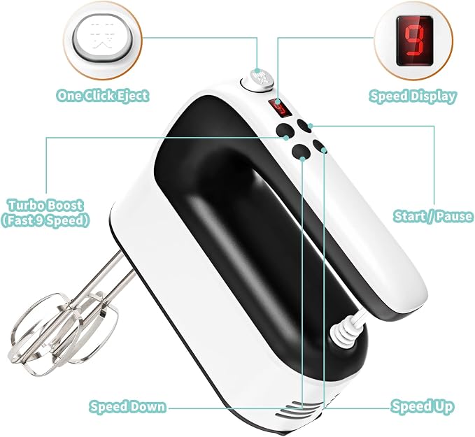 Yomelo 9-Speed Digital Hand Mixer Electric, 400W Powerful DC Motor, Hand Mixer Electric Handheld with Snap-On Storage Case, 5 Stainless Steel Accessories, Beaters, Dough Hooks, Whisk(White/Black)