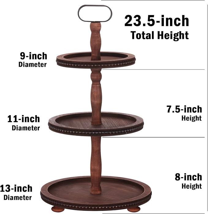 Urban Deco Wooden Tiered Tray 3-Tier Decorative Tray Stand Farmhouse Serving Tray, Round Wooden Cupcake Display Stand with Metal Handle, Brown Tiered Fruits Tray for Home Party Decorations