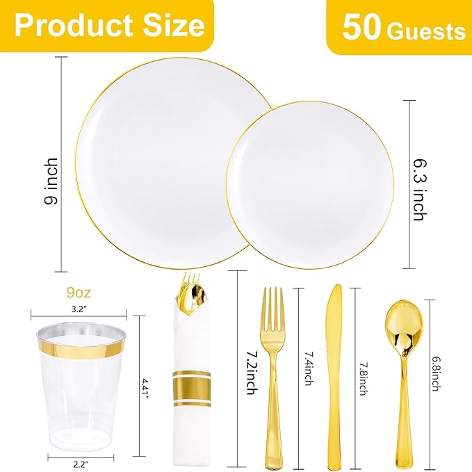 KIRE 350 PCS White and Gold Plates - Plastic Dinnerware Set for Wedding | Include 100PCS White Plastic Plates With Gold Rim, 50PCSPre Rolled Napkins with Silverware & 50PCS Cups for Party