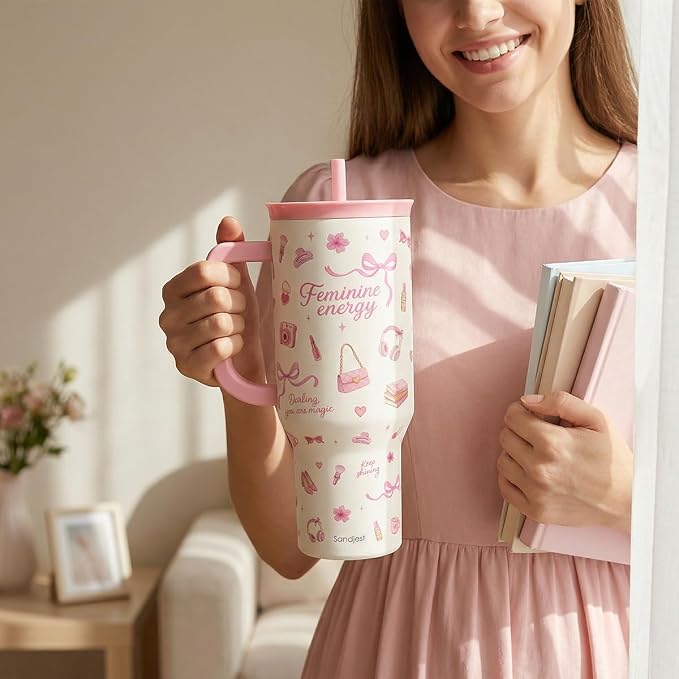 SANDJEST Women's Things 40oz Tumbler with Handle and Straw, Insulated Stainless Steel Travel Coffee Mug for Women Girls, Gift Idea for Birthday Christmas Mothers Day