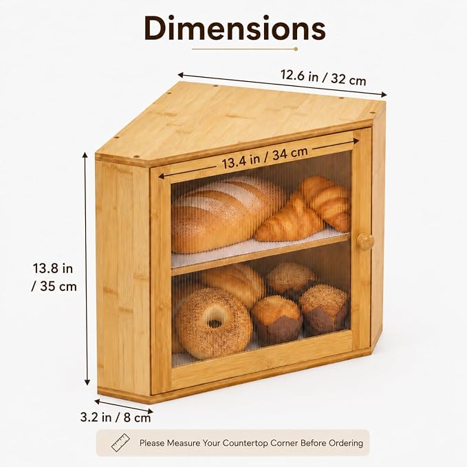 BAMBANG Corner Bread Box for Kitchen Countertop, Large Capacity Bamboo Wood Bread Storage Container, 2 Tier Farmhouse Breadbox with Fluted Acrylic Door for Bread, Homemade Bread and Snacks, Natural