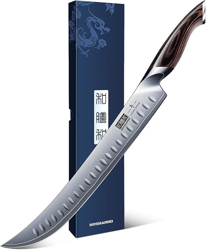 HOSHANHO Carving Slicing Knife, 12 Inch Razor Sharp Japanese Brisket Knife | Japanese High Carbon Steel Curved Butcher Breaking Knives with Ergonomic Handle, Professional Butcher Knife for Meat Cutting