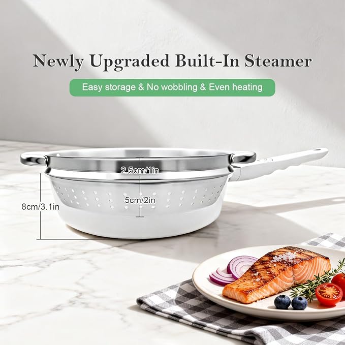 12-Inch Nonstick Deep Frying Pan Skillet with Steamer, Non Stick Saute Pan with Lid, Detachable Handle, Induction Compatible, Oven Safe, PFOA Free, Classic White