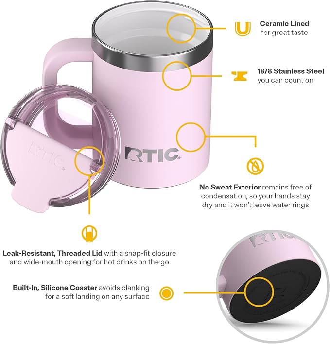 RTIC 12oz Essential Mug with Lid and Handle, Ceramic Lined, Insulated, Stainless Steel, Metal, Double Wall Vacuum-Insulation, Portable, Travel Cup for Hot and Cold Drink, Pale Pink