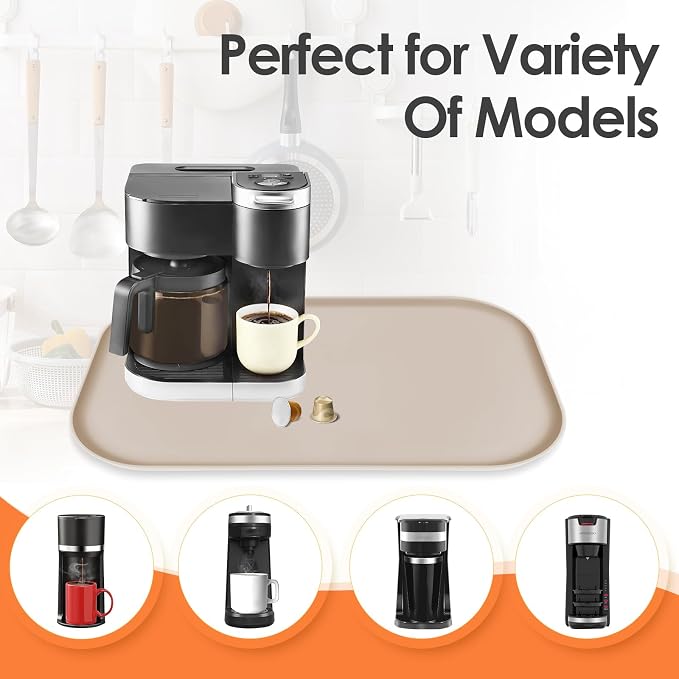 Silicone Coffee Maker Mat with Lip for Countertops, 24'' x 16'', Khaki | Multi leak-proof coffee tray for countertop, non-slip silicone mat fits most coffee makers & espresso machines, wipe-clean