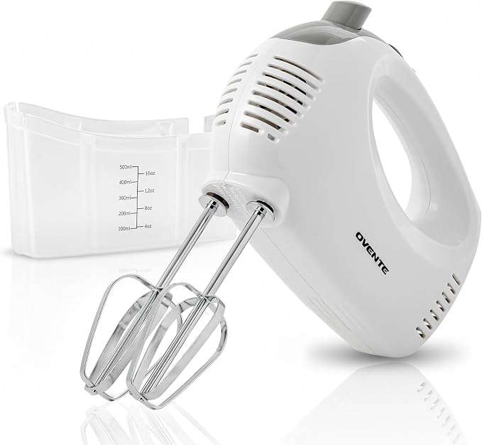 OVENTE 5-Speed Electric Hand Mixer with Storage Case,150W, White HM151W | Stainless Steel Whisks, Compact Portable Design, Lightweight Handheld Mixer for Baking & Cooking
