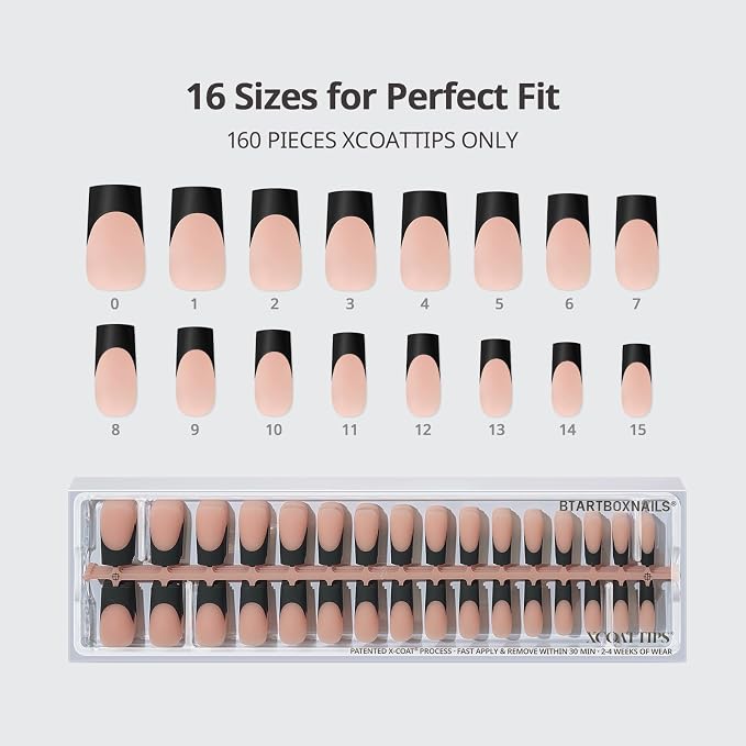BTArtboxnails XCOATTIPS Black French Tip Press On Nails, L Square, Peach | Lamp-Curable, 4-Week Wear, Natural Nail Look, Salon Quality Value at Home, Easy-to-Apply for Beginners, 160ct Nail Tips Only