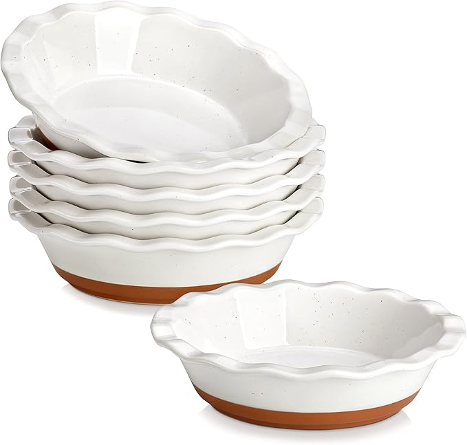 MALACASA Ceramic Mini Pie Pans Set of 6, 6 Inch Pie Plates for Baking with Ruffled Edge, Small Quiche Baking Dish Pans Tart Pans, Individual Pot Pie Plates, Microwave & Oven Safe, Khaki White | Khaki White Small Pie Plates for baking for Quiche, Tart, ...