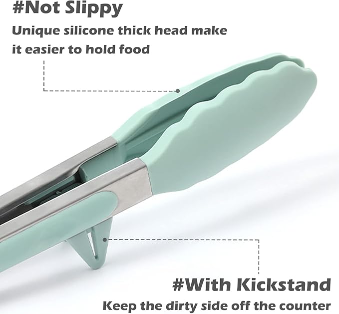 9" Kitchen Tongs for cooking with Silicone Tips, 3Pcs Serving Tongs, Green | Small Silicone Tongs mit kickstand, Food Grade, 3 different type of tongs, Stainless Steel