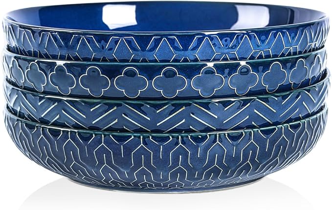 Sureasy 9.7" Pasta Bowls Set of 4-42 oz Large Salad Bowls for Kitchen, Embossed Ceramic Serving Bowls for Fruits, Soup, Pasta and Salad, Microwave & Dishwasher Safe, Blue