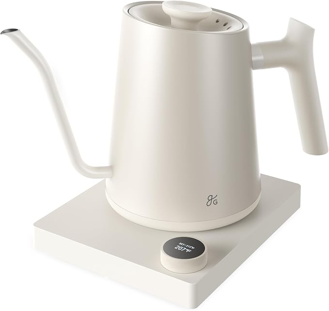 Greater Goods Gooseneck Electric Kettle, 1200W Temperature Control, 0.8L | Pour-Over & Tea Kettle with Stainless Steel Interior, Built-In Brew Timer, Fast Heating for Chemex, V60, & Matcha (White)