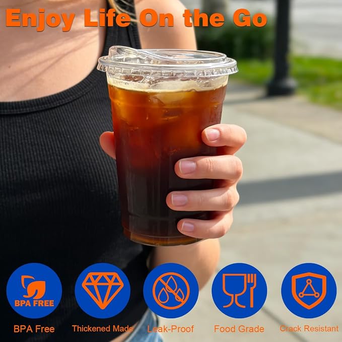 200 Pack 16 oz Clear Plastic Cups with Sip Lids for Iced Coffee Cold Drink | Disposable, To Go, Crystal, BPA-Free, Smoothie, Dirty Soda, Lemonade, Bar Accessories, Strawless, Leak Proof, Party, Bulk