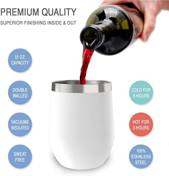 CHILLOUT LIFE 12 oz Stainless Steel Wine Tumblers 4 Pack - Double Wall Vacuum Insulated Wine Glasses Cups with Lids and Straws Set Keeping Cold & Hot for Coffee, Beer, Ice Cream - Powder Coated White